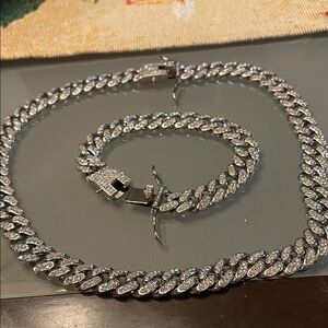Men’s Hip-Hop Necklace and Bracelet Iced Cuban Link in Silvertone w/Rhinestone